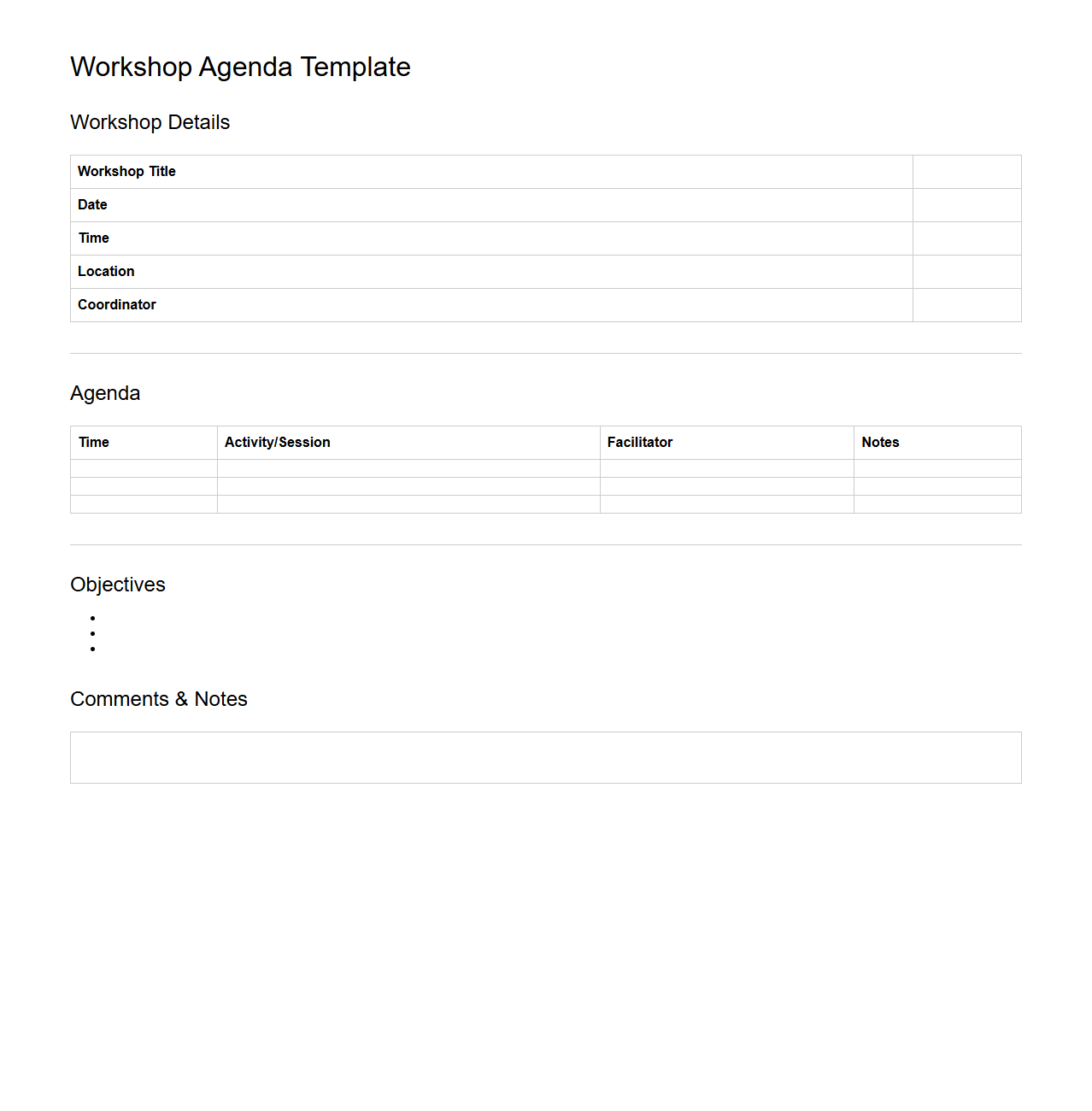 Blank Workshop Agenda Template for Coordinators