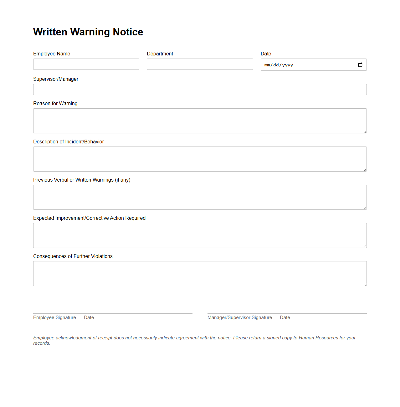 Blank Written Warning Notice Template for Human Resources