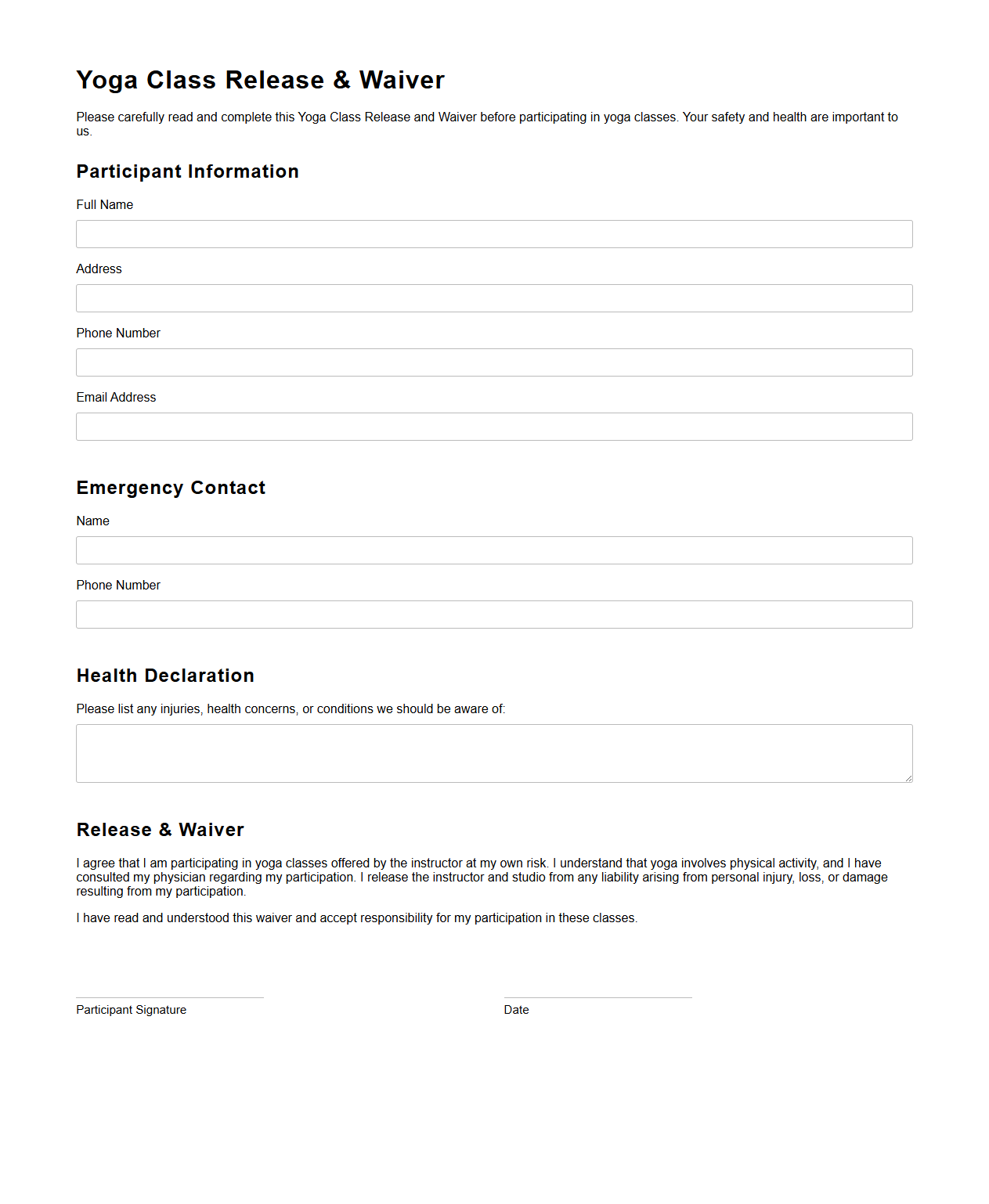 Blank Yoga Class Release Waiver Template