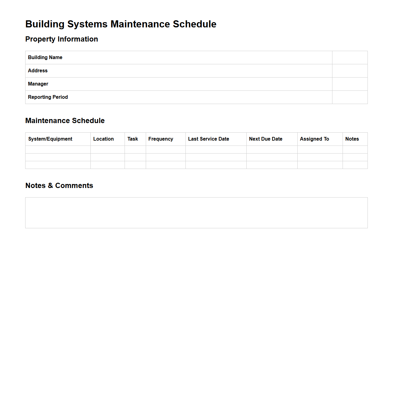 Building Systems Maintenance Schedule Template