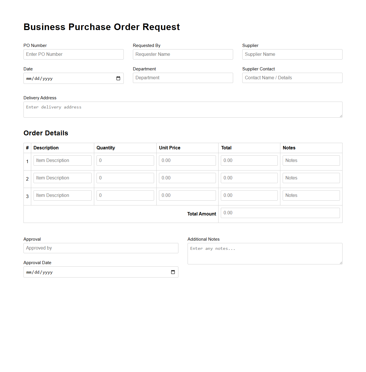 Business Purchase Order Request Template