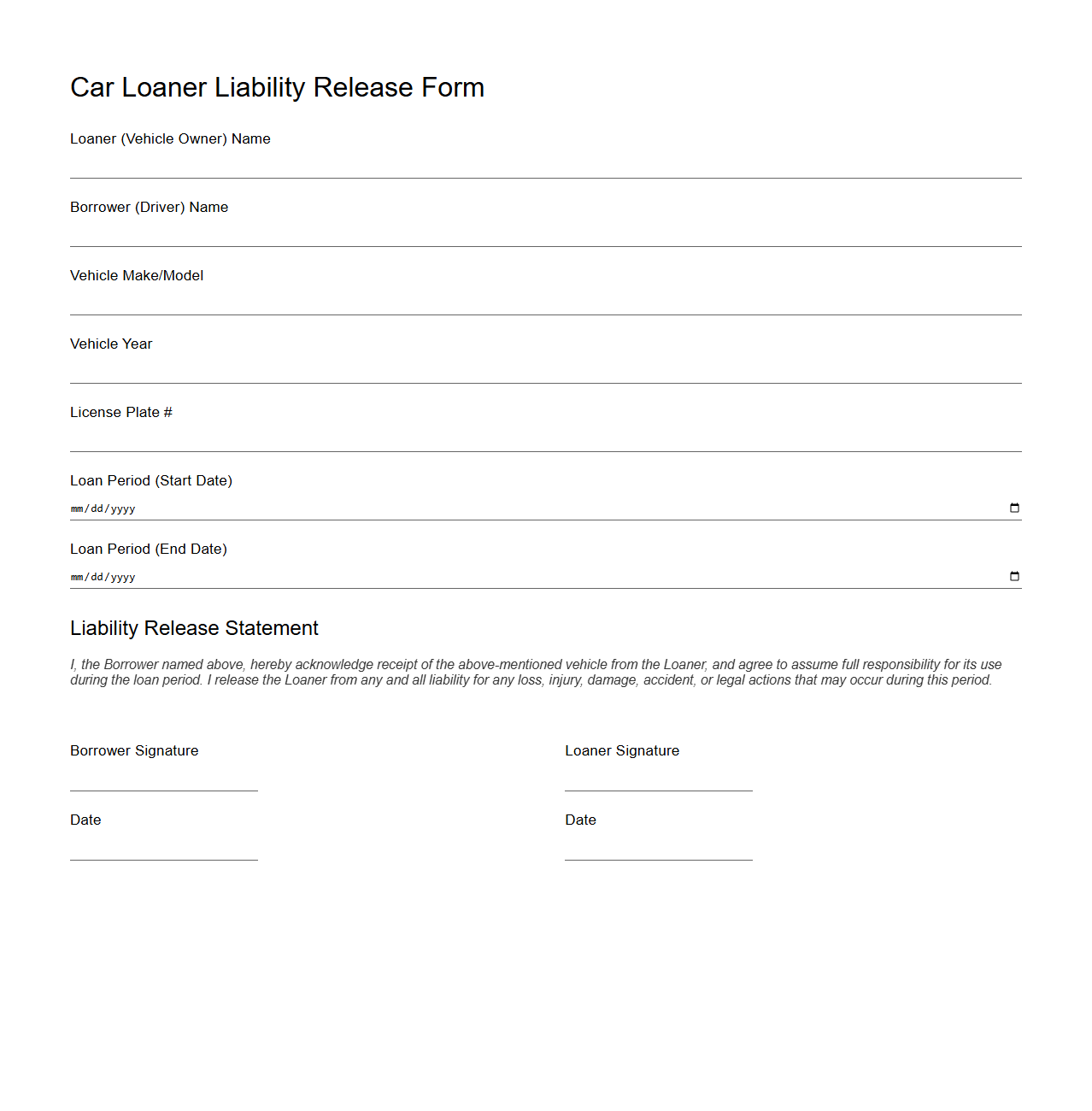 Car Loaner Liability Release Form
