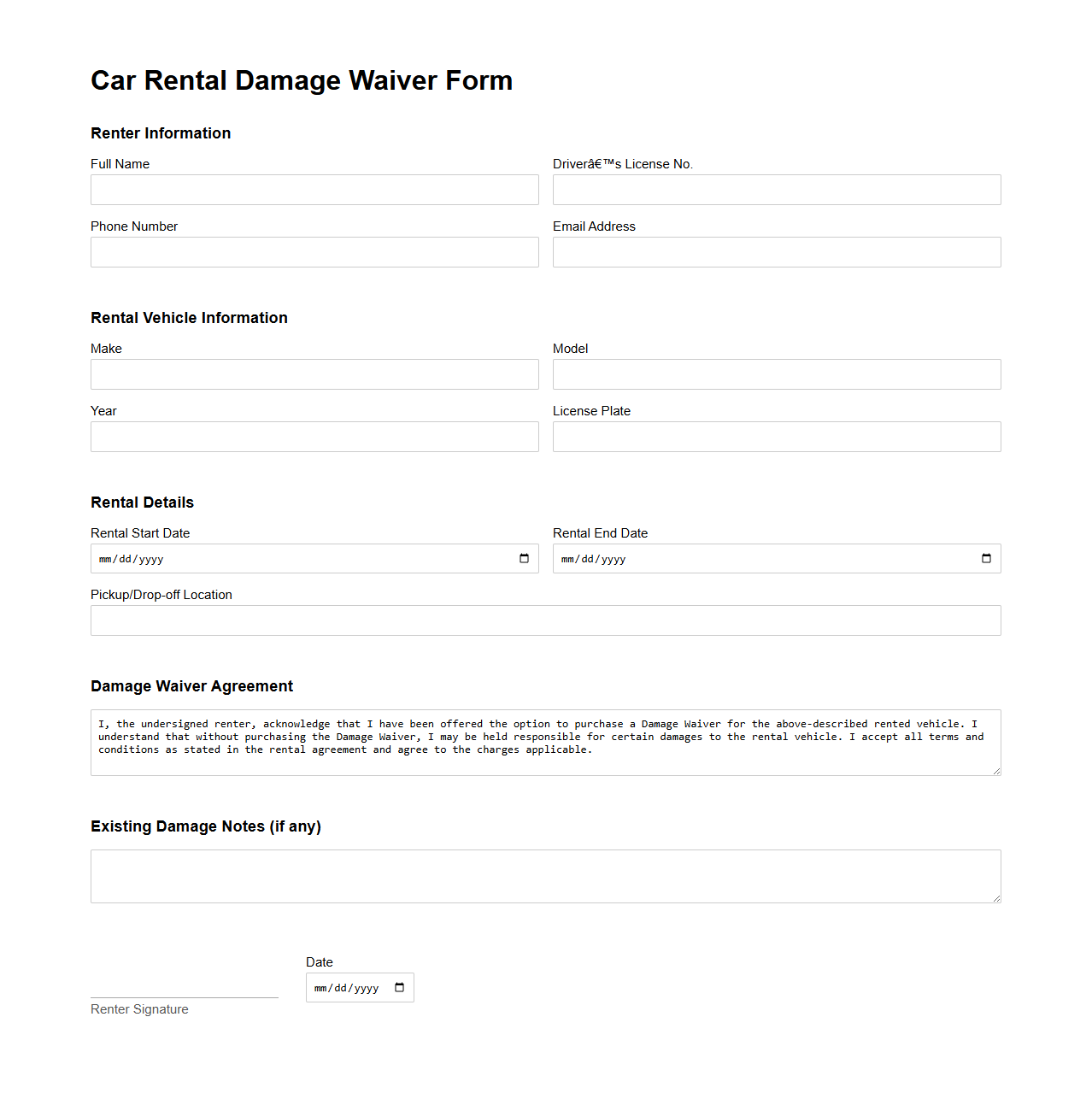 Car Rental Damage Waiver Form Template