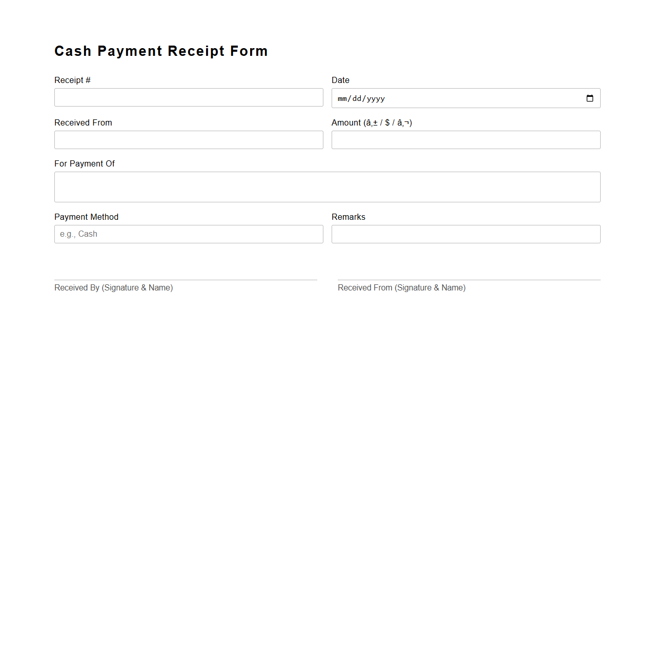Cash Payment Receipt Form for Business Records