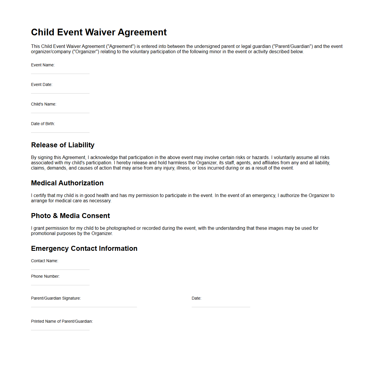 Child Event Waiver Agreement