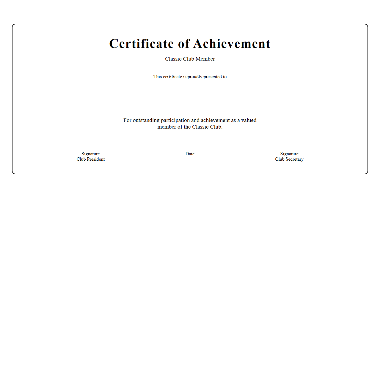 Classic Club Member Achievement Certificate