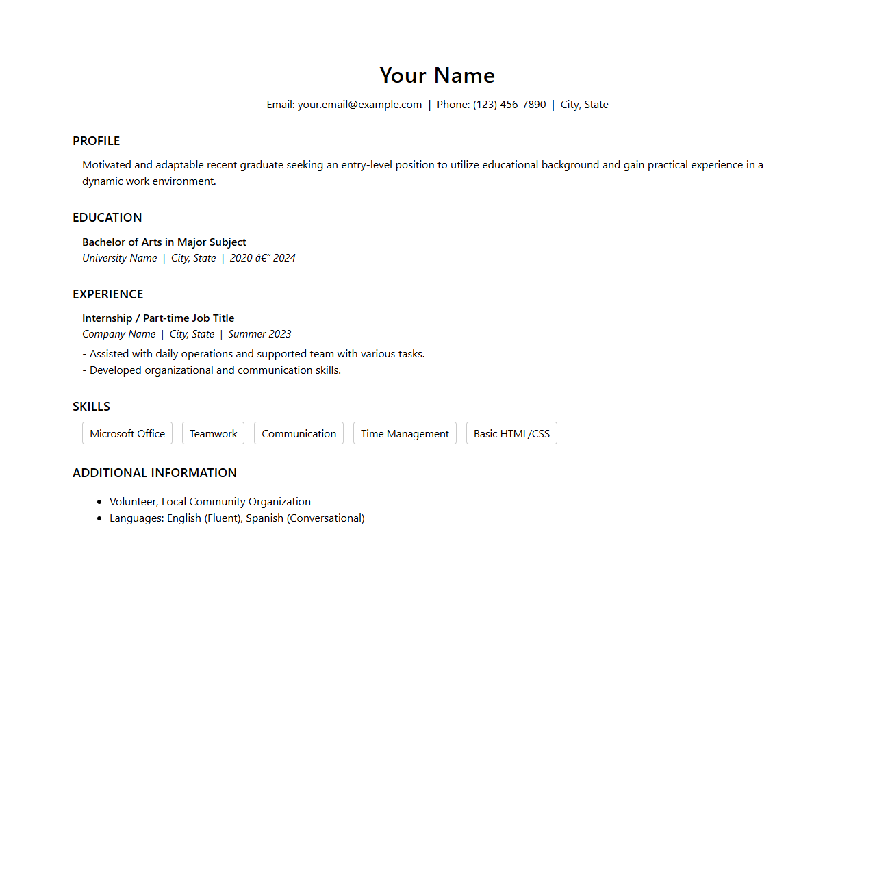 Classic Resume Template for Career Starters