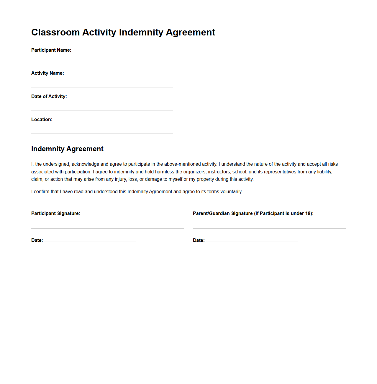 Classroom Activity Indemnity Agreement Template