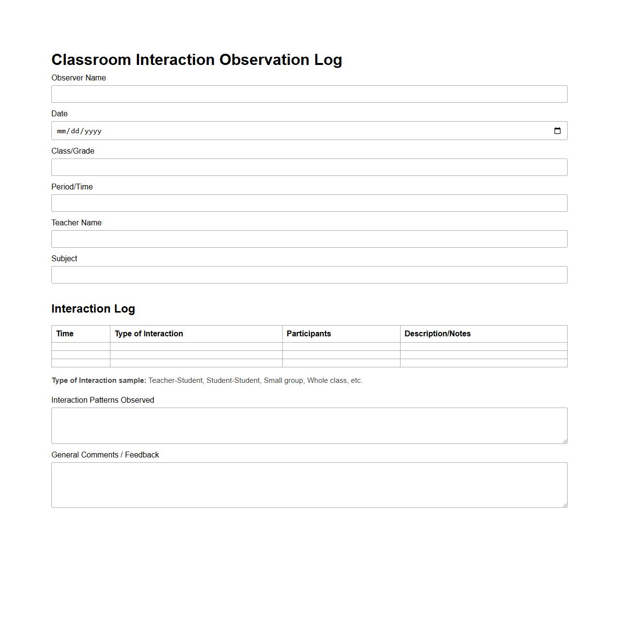 Classroom Interaction Observation Log