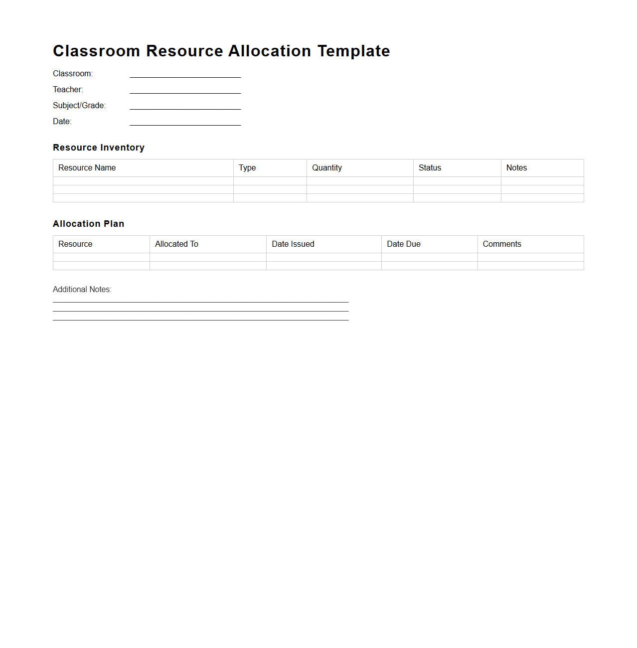 Classroom Resource Allocation Template
