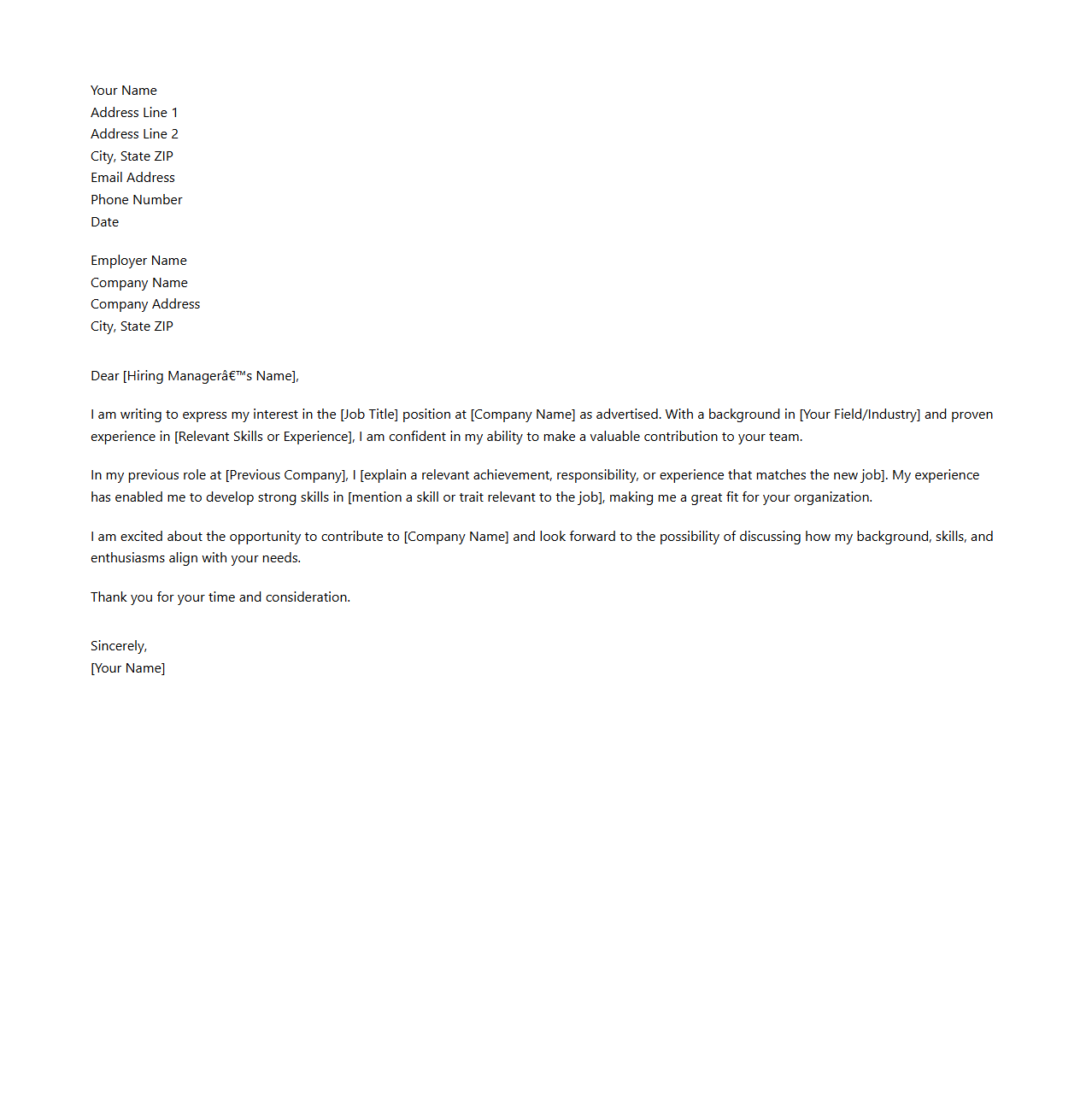 Clean Cover Letter Example for Employers