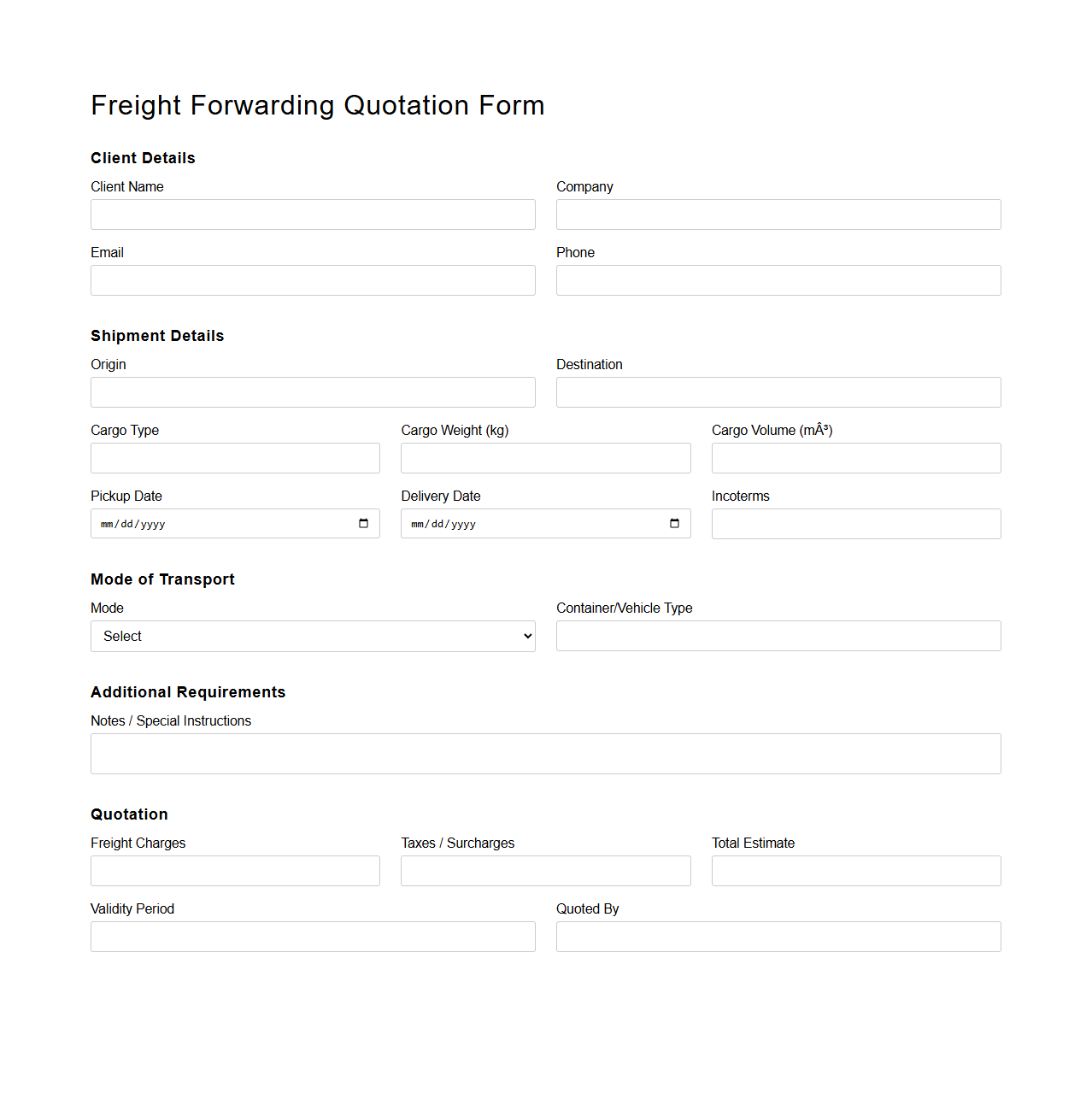 Clean Freight Forwarding Quotation Form