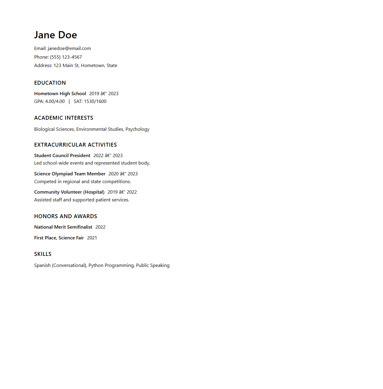 Clean Student Profile Resume for Admissions Committees