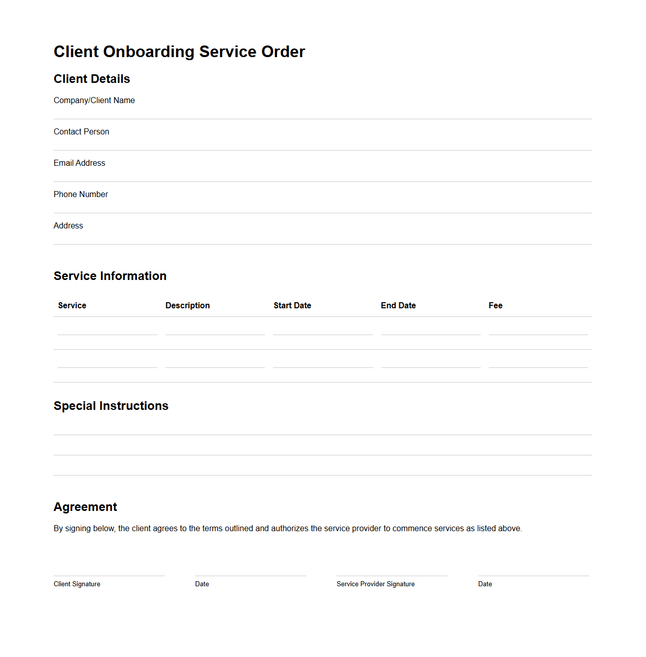 Client Onboarding Service Order Template