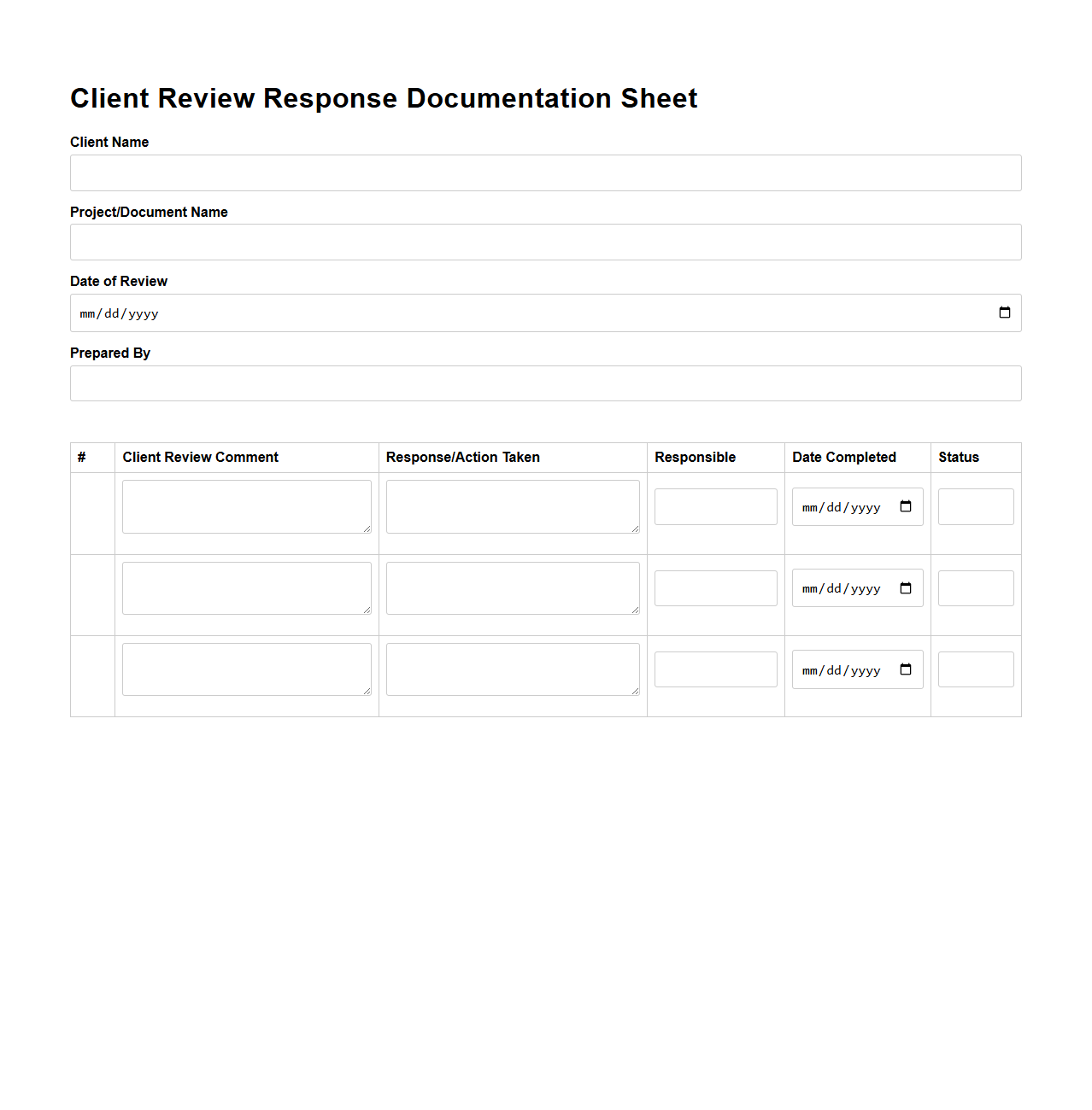 Client Review Response Documentation Sheet