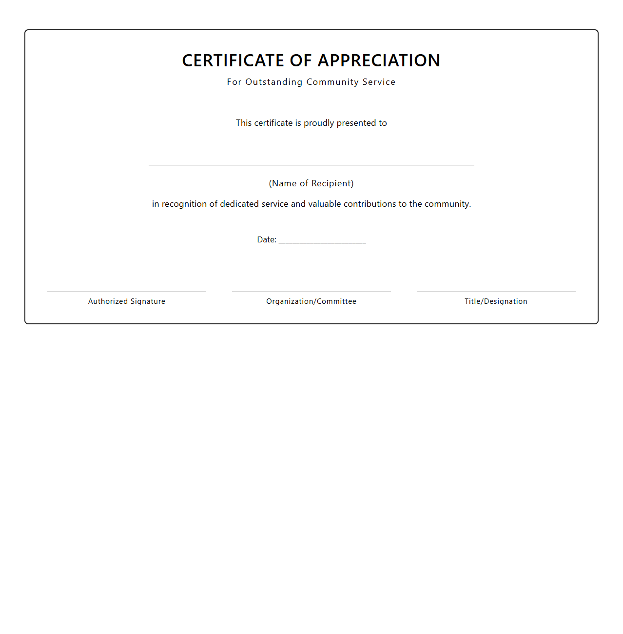 Community Service Appreciation Certificate Blank Format