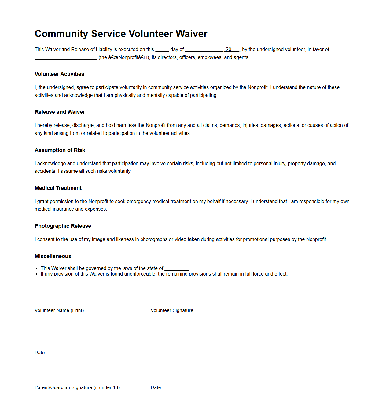 Community Service Volunteer Waiver for Nonprofit Use