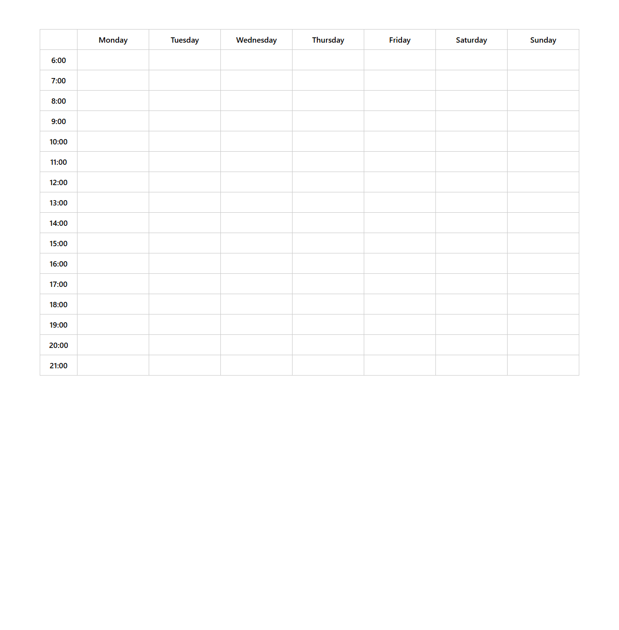 Compact Weekly Schedule Grid for Daily Routines