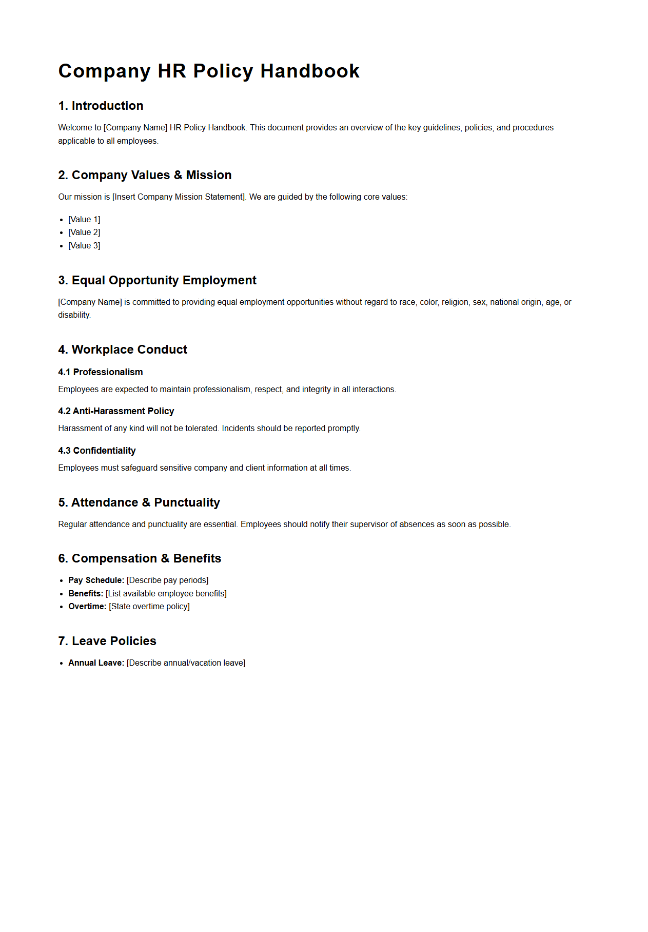 Company HR Policy Handbook Template