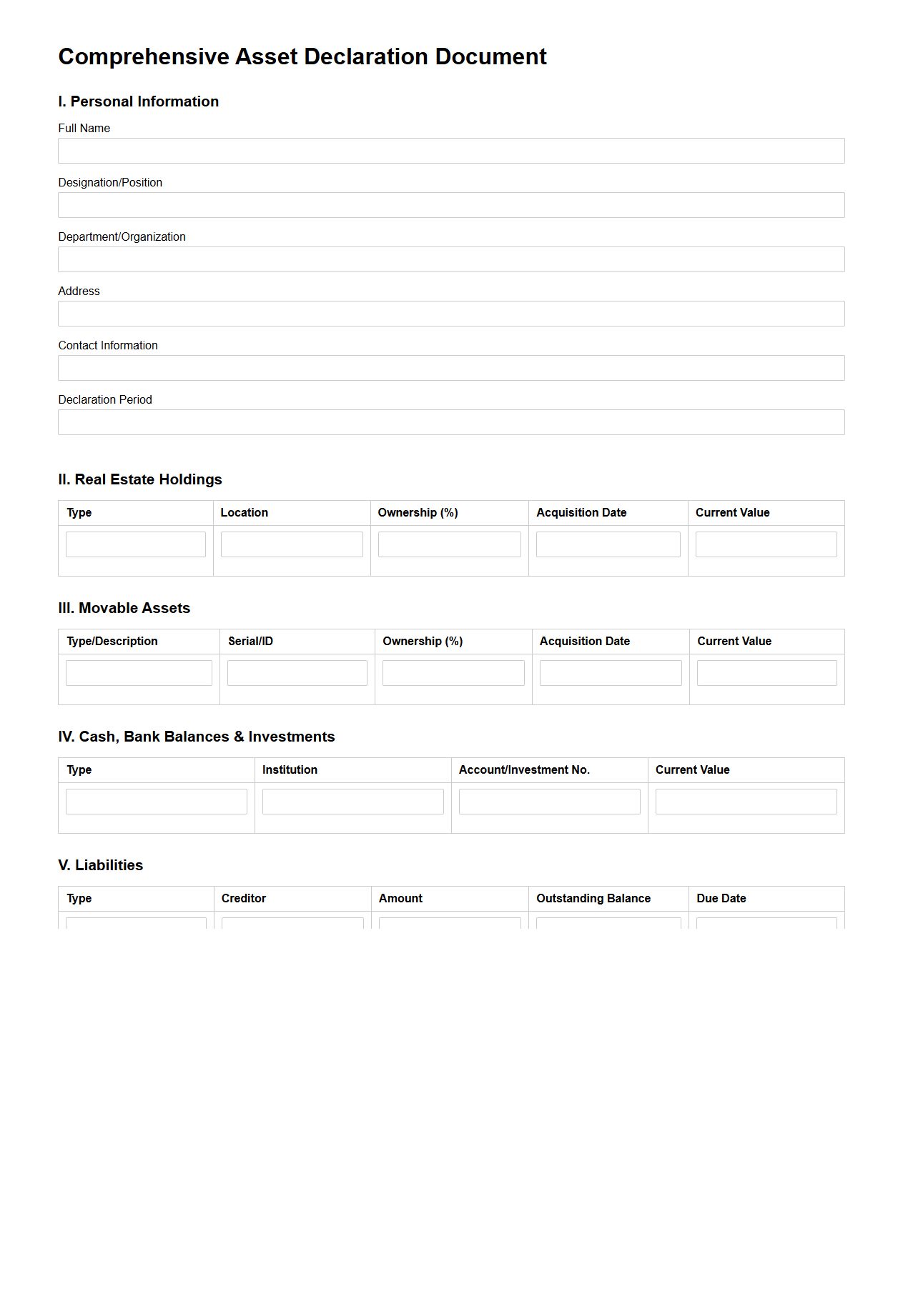 Comprehensive Asset Declaration Document
