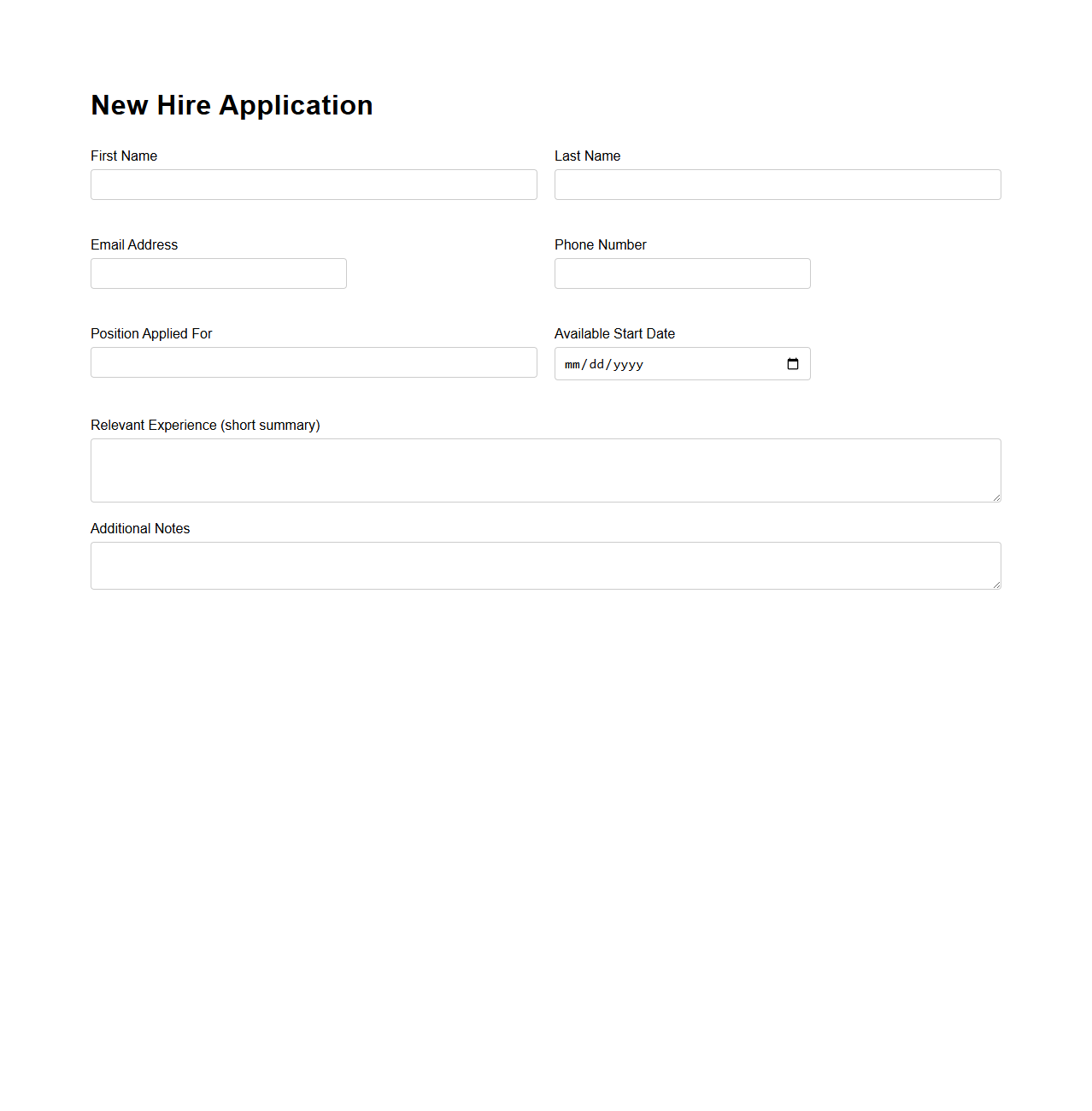 Concise New Hire Application Template