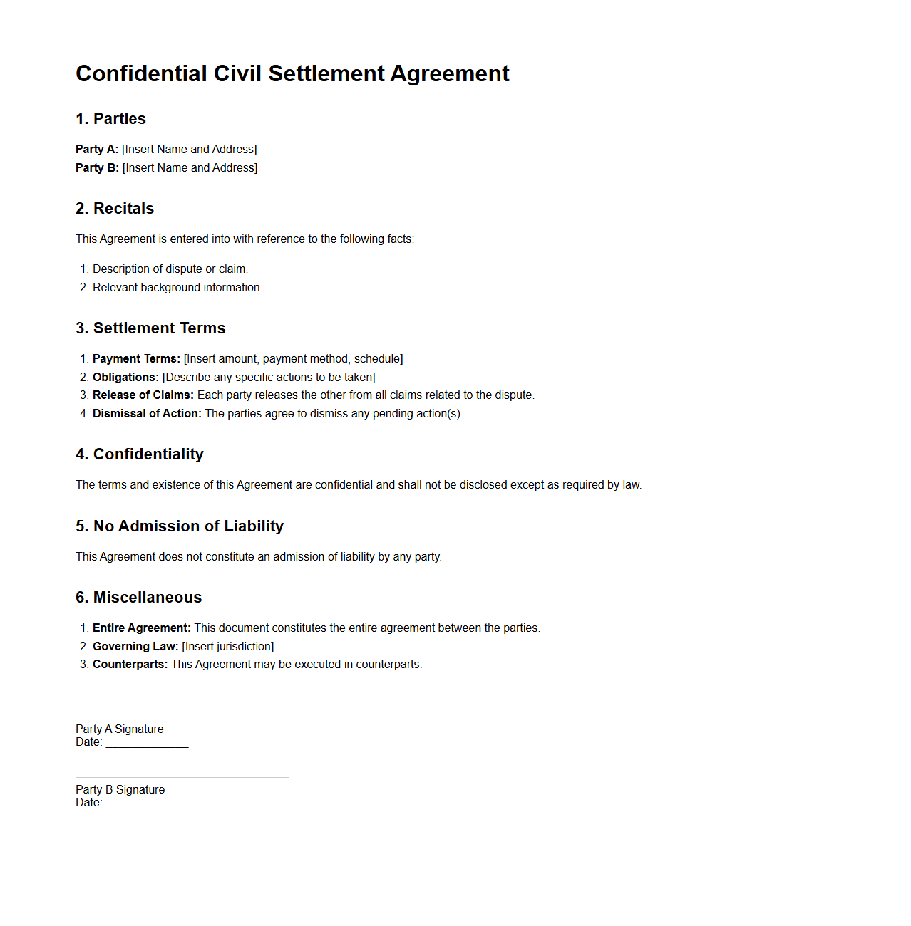 Confidential Civil Settlement Agreement Outline