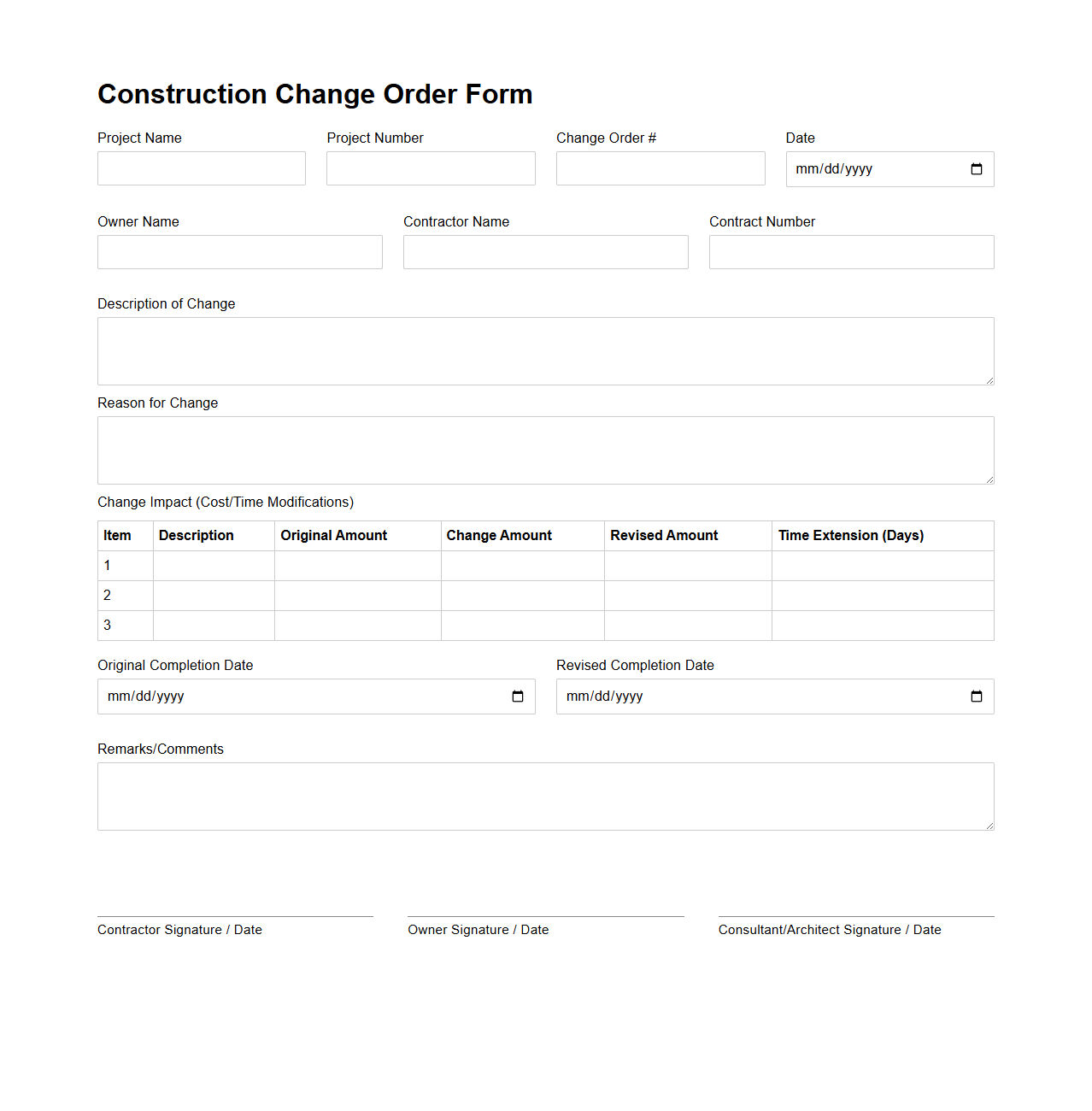 Construction Change Order Form for Project Modifications