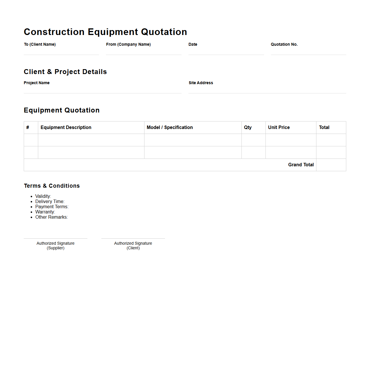 Construction Equipment Quotation Template
