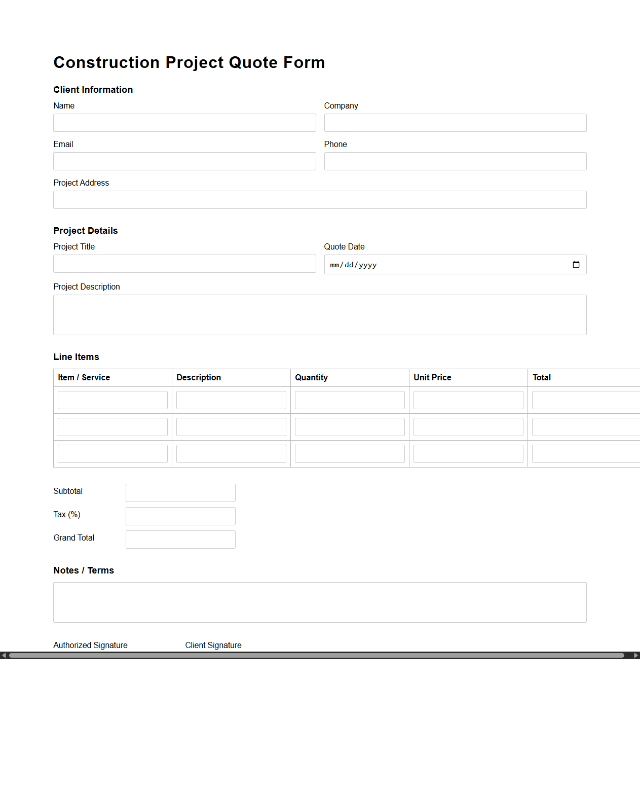 Construction Project Quote Form Template