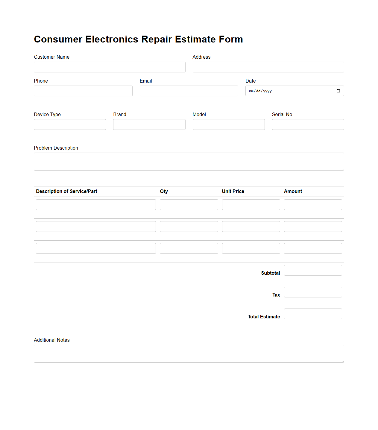 Consumer Electronics Repair Estimate Form