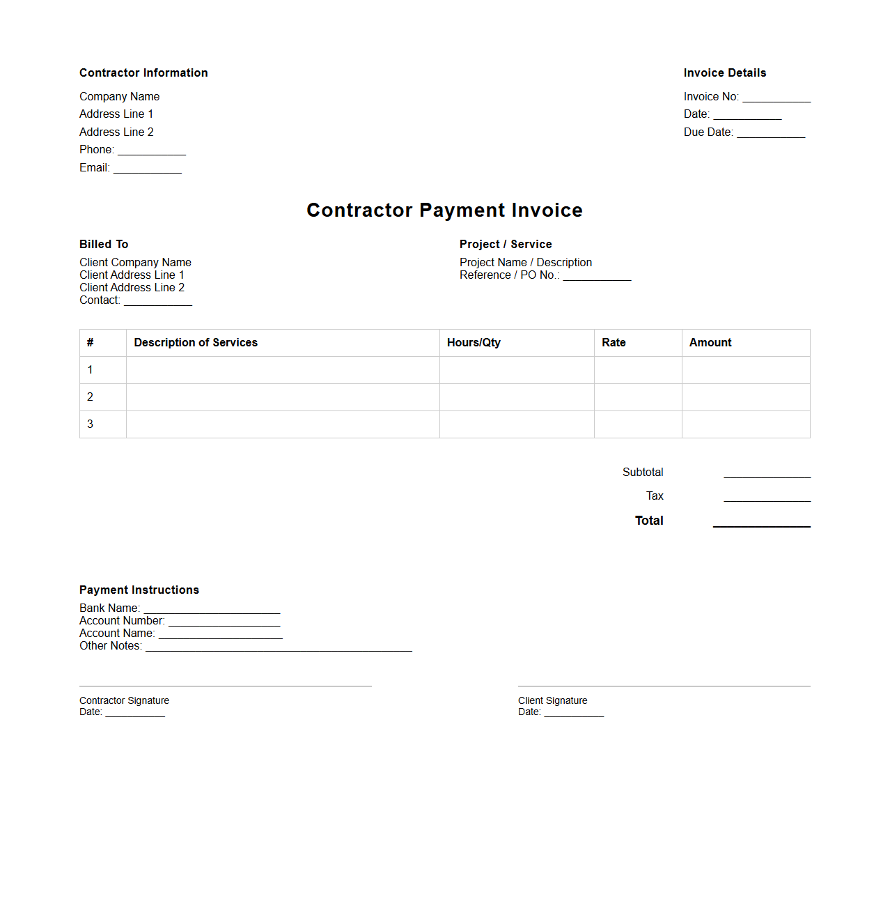 Contractor Payment Invoice Format
