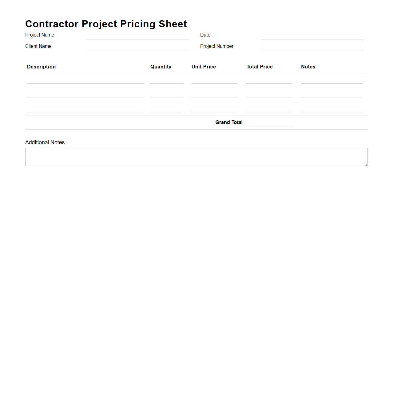 Contractor Project Pricing Sheet