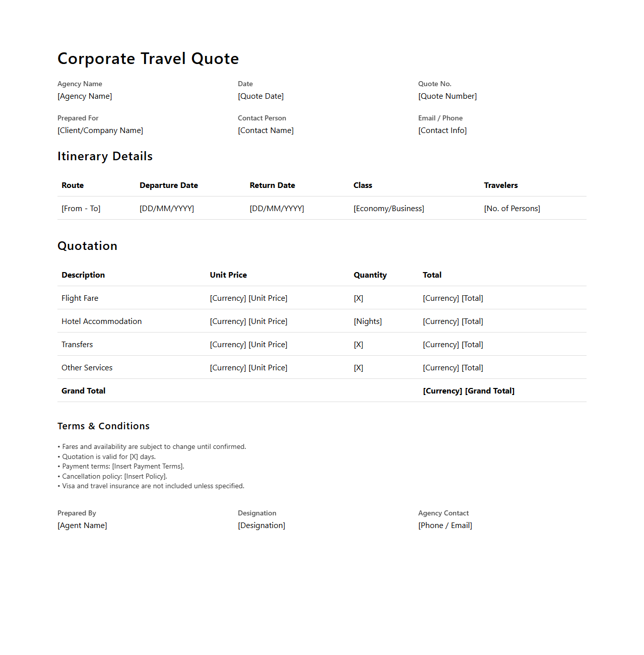 Corporate Travel Quote Format for Agencies