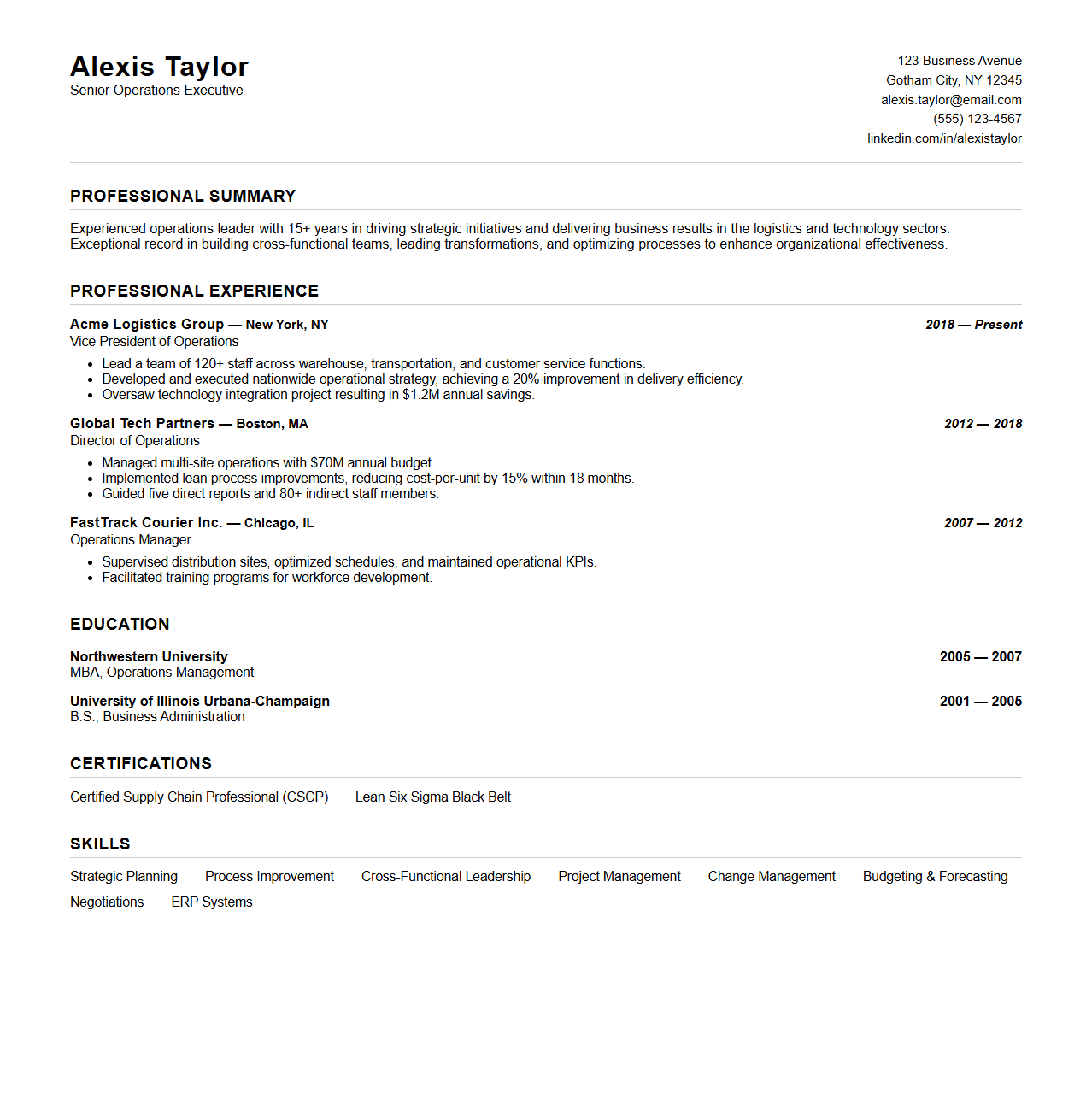 Corporate Two-Page Resume Format for Established Professionals