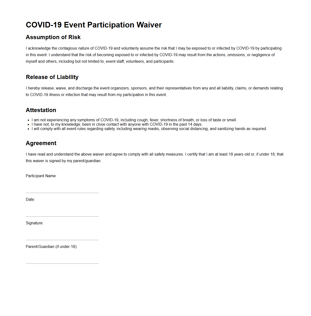 COVID-19 Event Participation Waiver Template