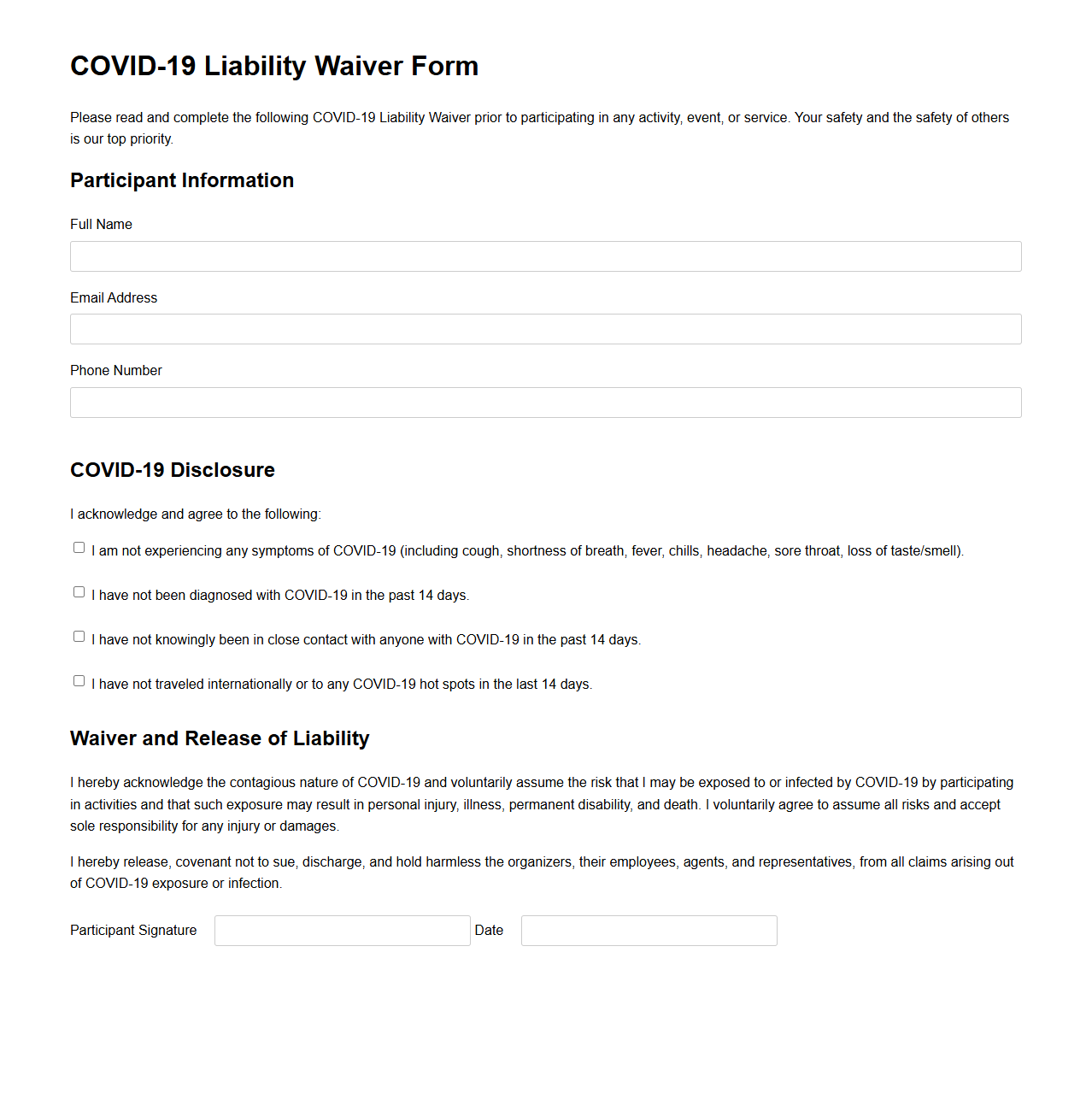 COVID-19 Liability Waiver Form Template