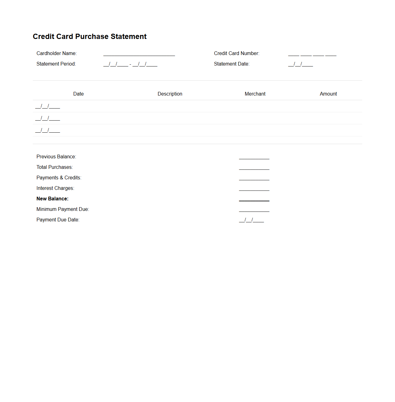 Credit Card Purchase Statement Sheet