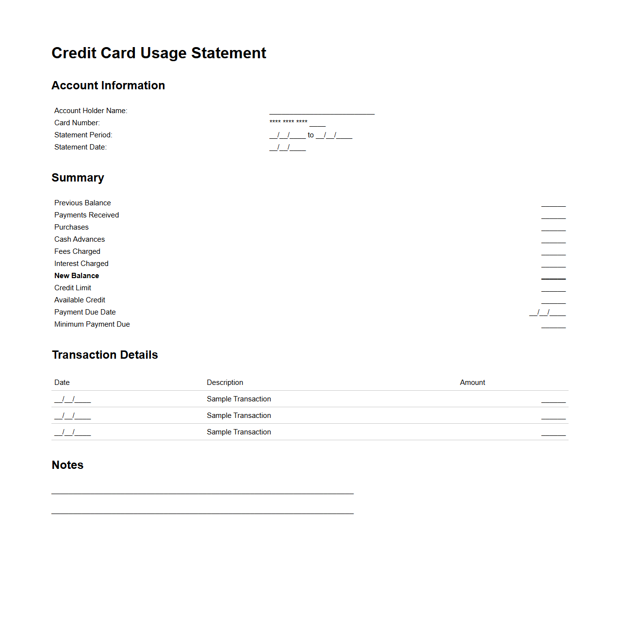 Credit Card Usage Statement Template