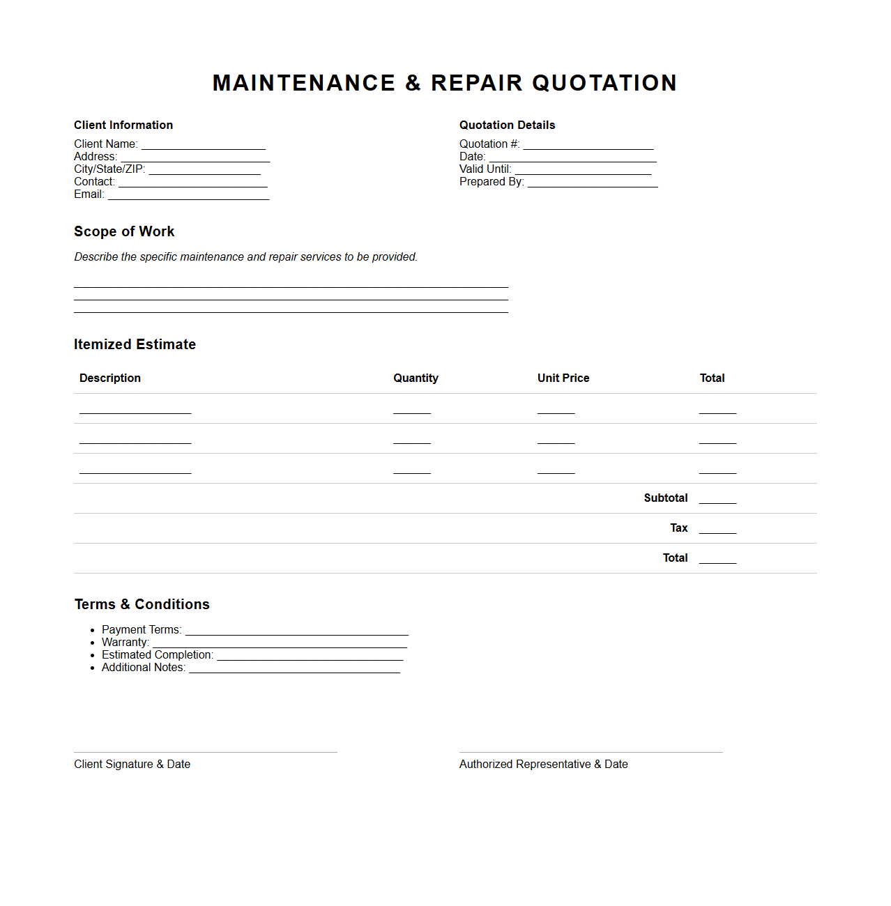 Custom Maintenance and Repair Quotation Outline
