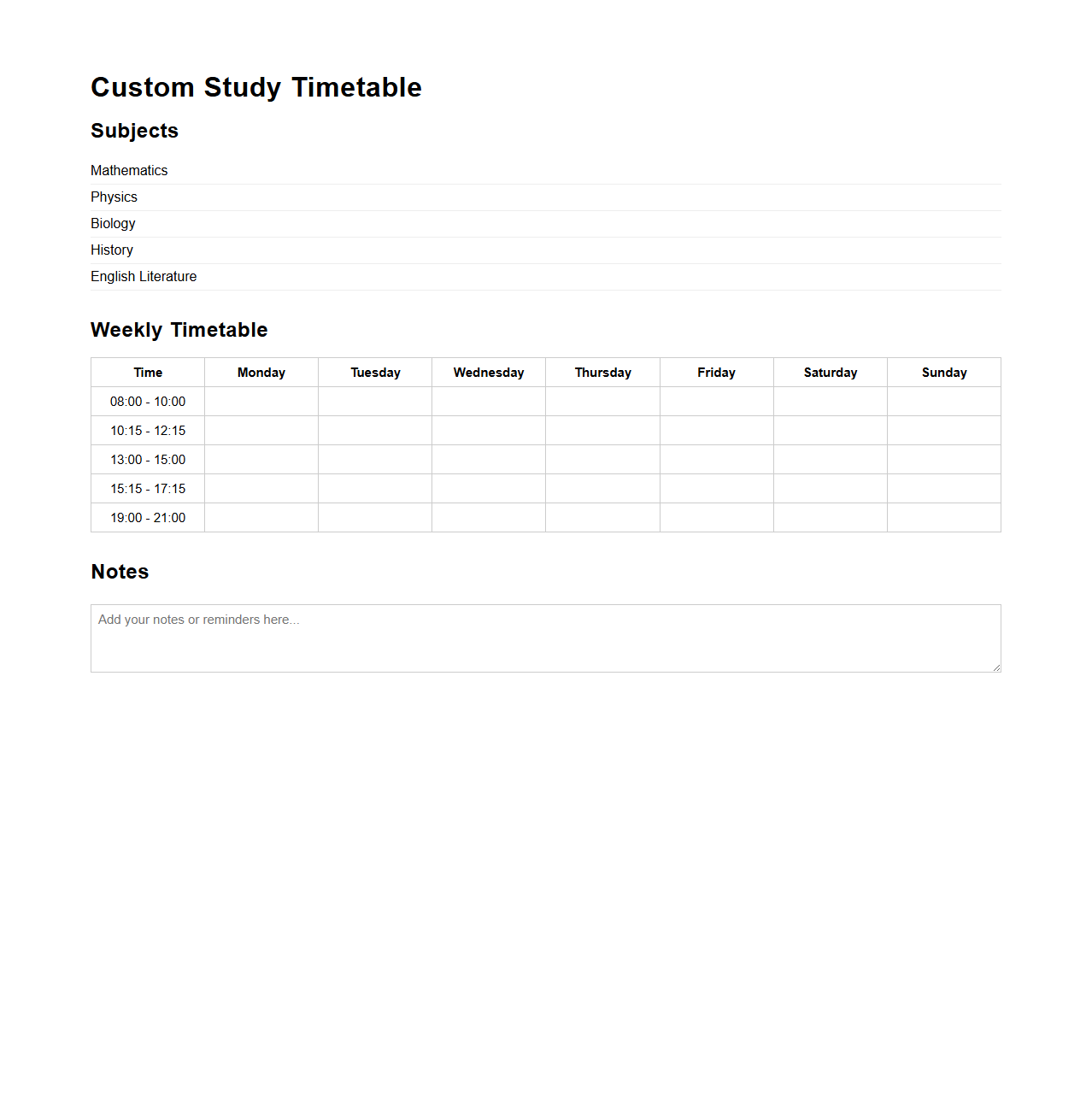 Custom Study Timetable Layout for Exams