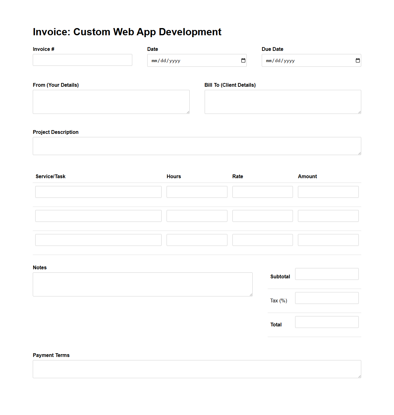 Custom Web App Development Invoice Form