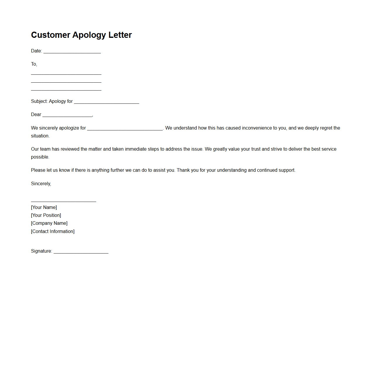 Customer Apology Blank Letter Sample