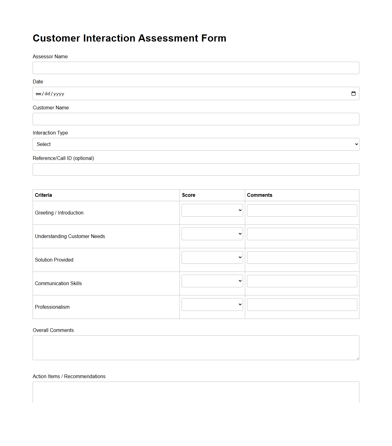 Customer Interaction Assessment Form
