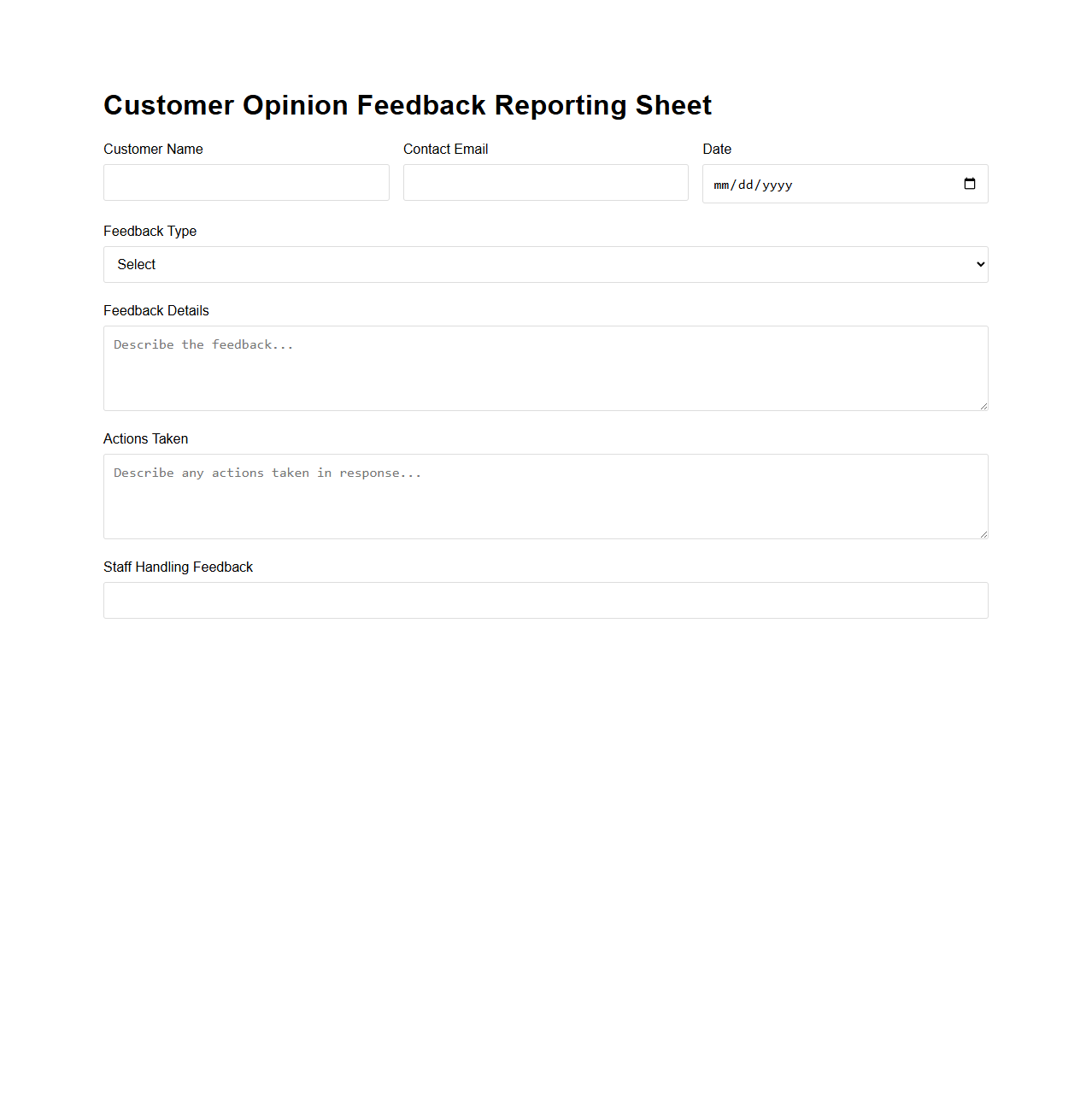 Customer Opinion Feedback Reporting Sheet