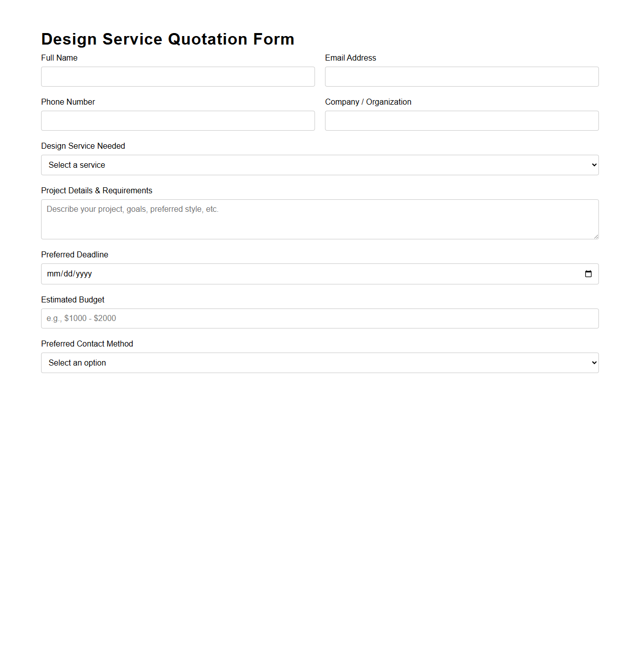 Customizable Design Service Quotation Form