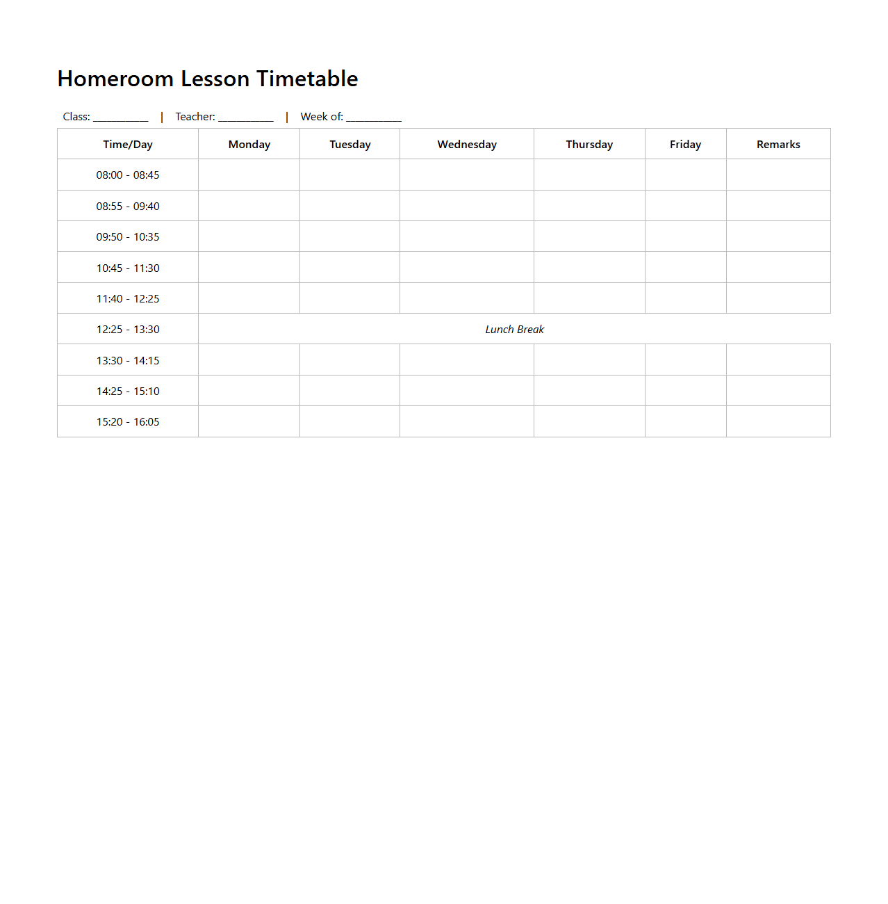 Customizable Homeroom Lesson Timetable Format