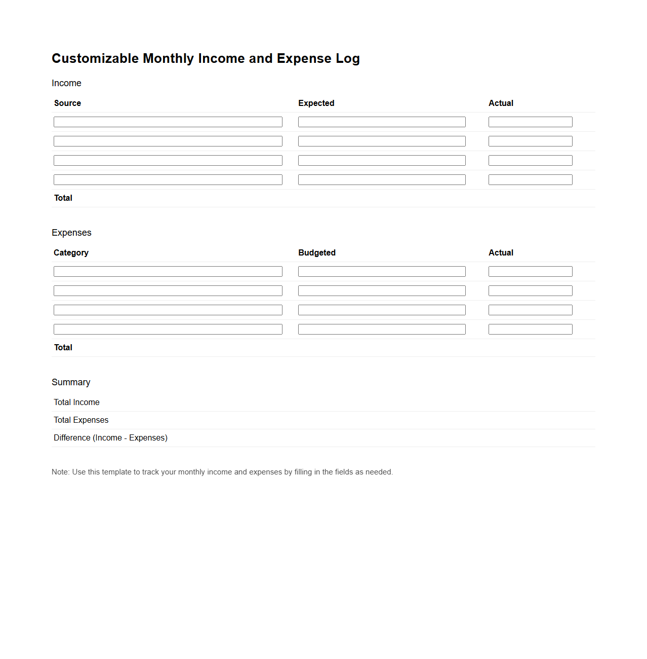 Customizable Monthly Income and Expense Log