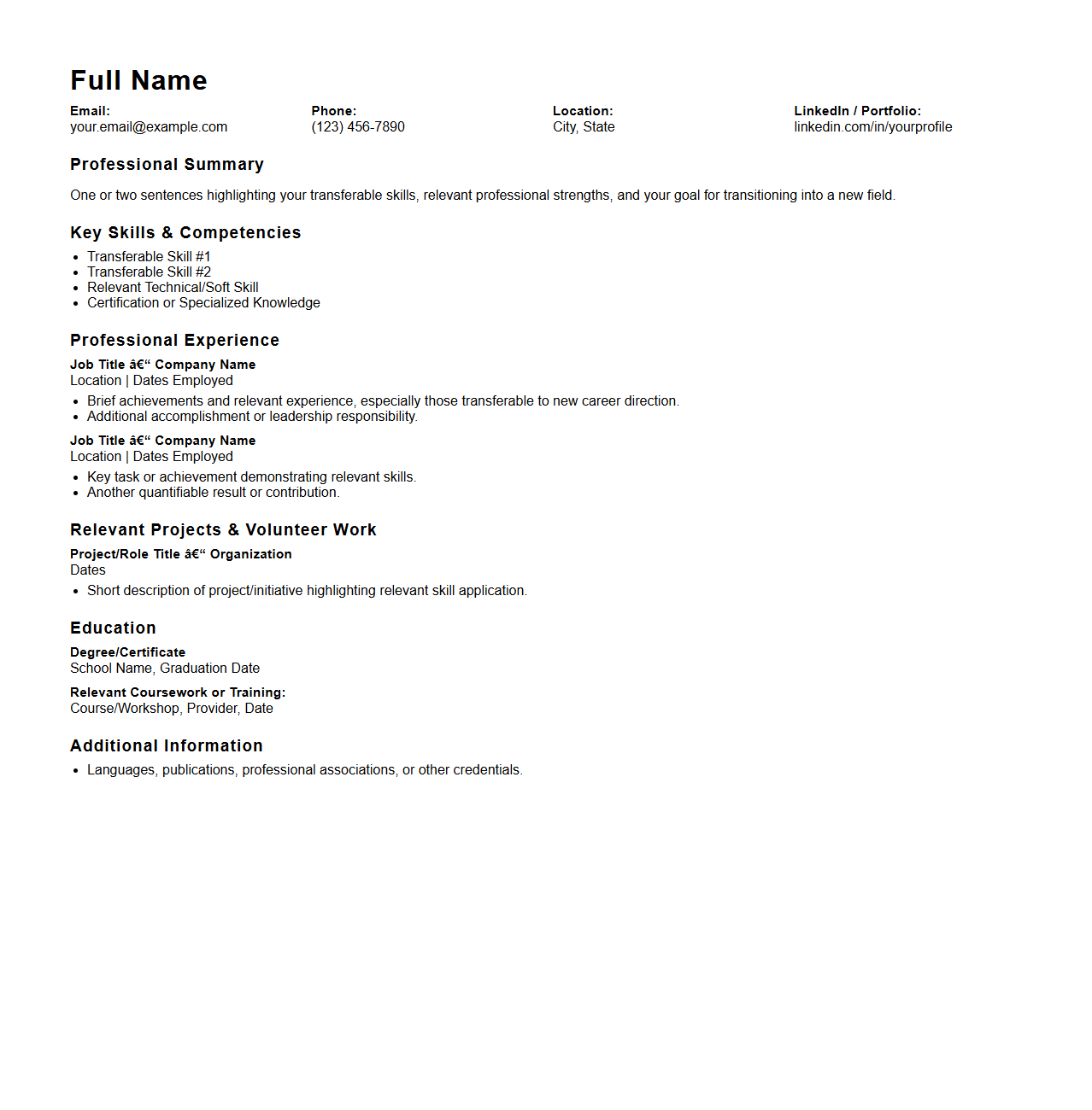 Customizable Resume Outline for Career Changes
