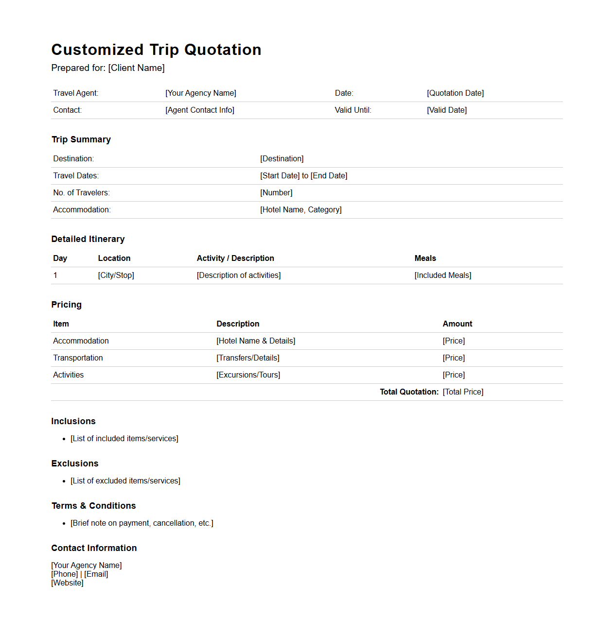 Customized Trip Quotation Document for Travel Agents