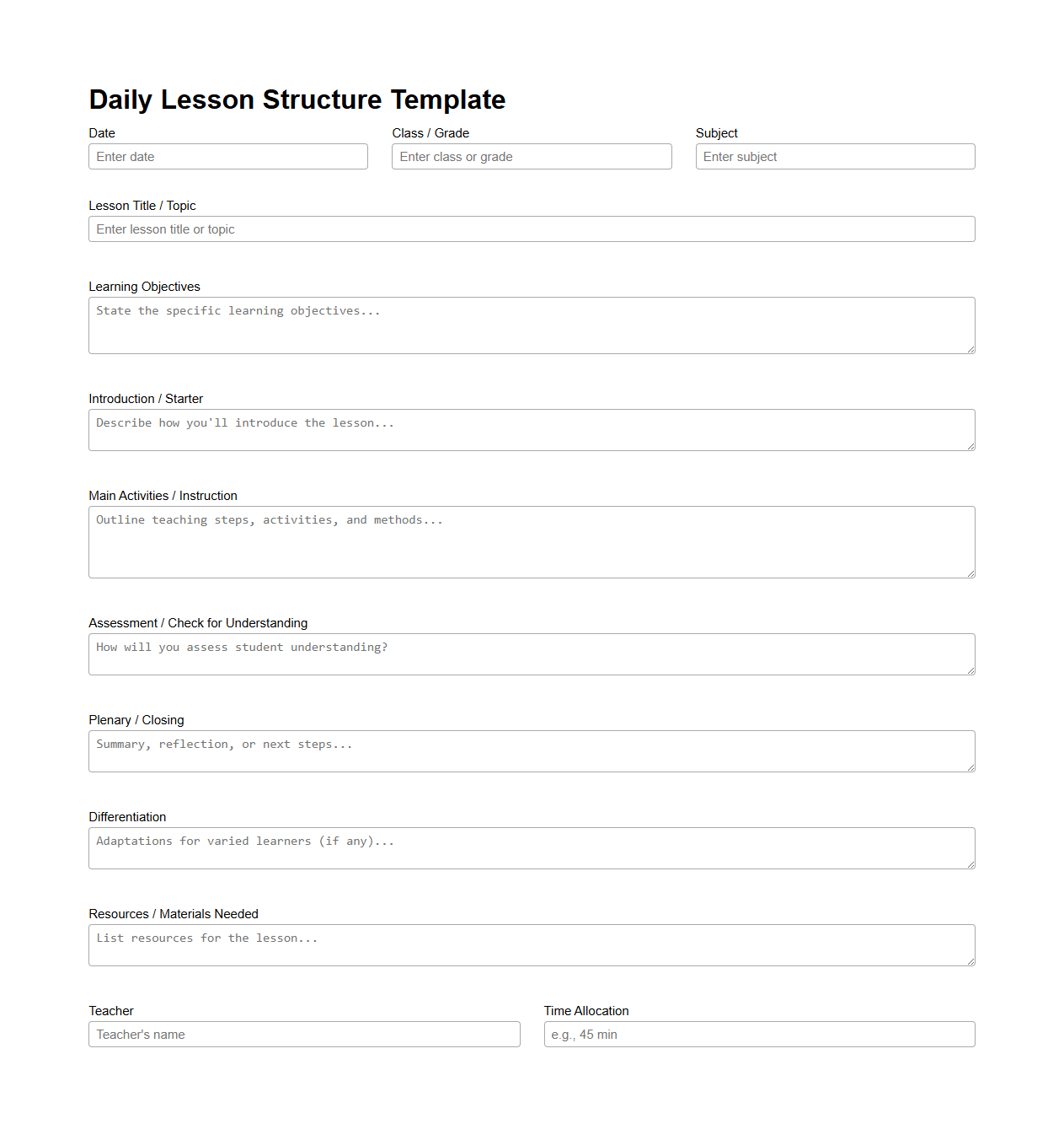 Daily Lesson Structure Template for Educators